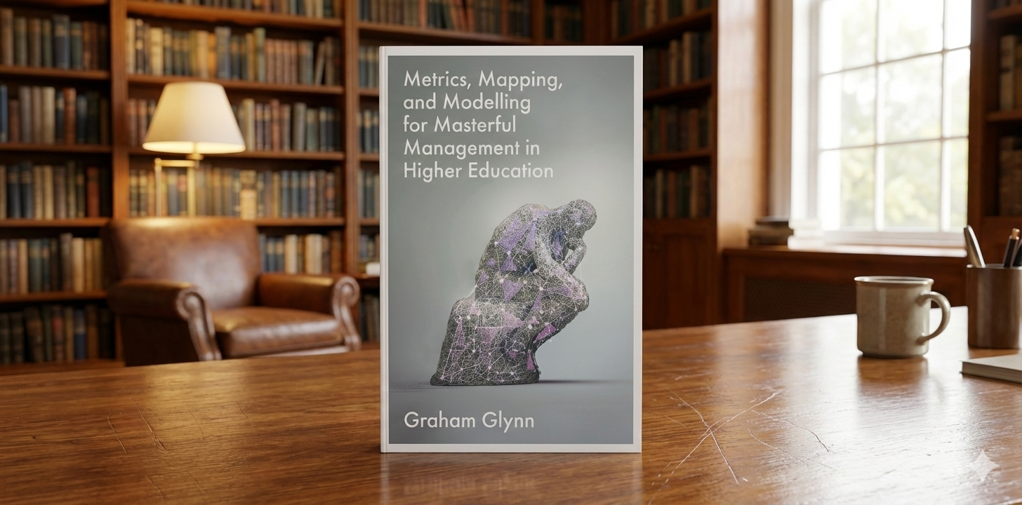 Book cover for “Metrics, Mapping, and Modelling for Masterful Management in Higher Education” by Graham Glynn on a library table.