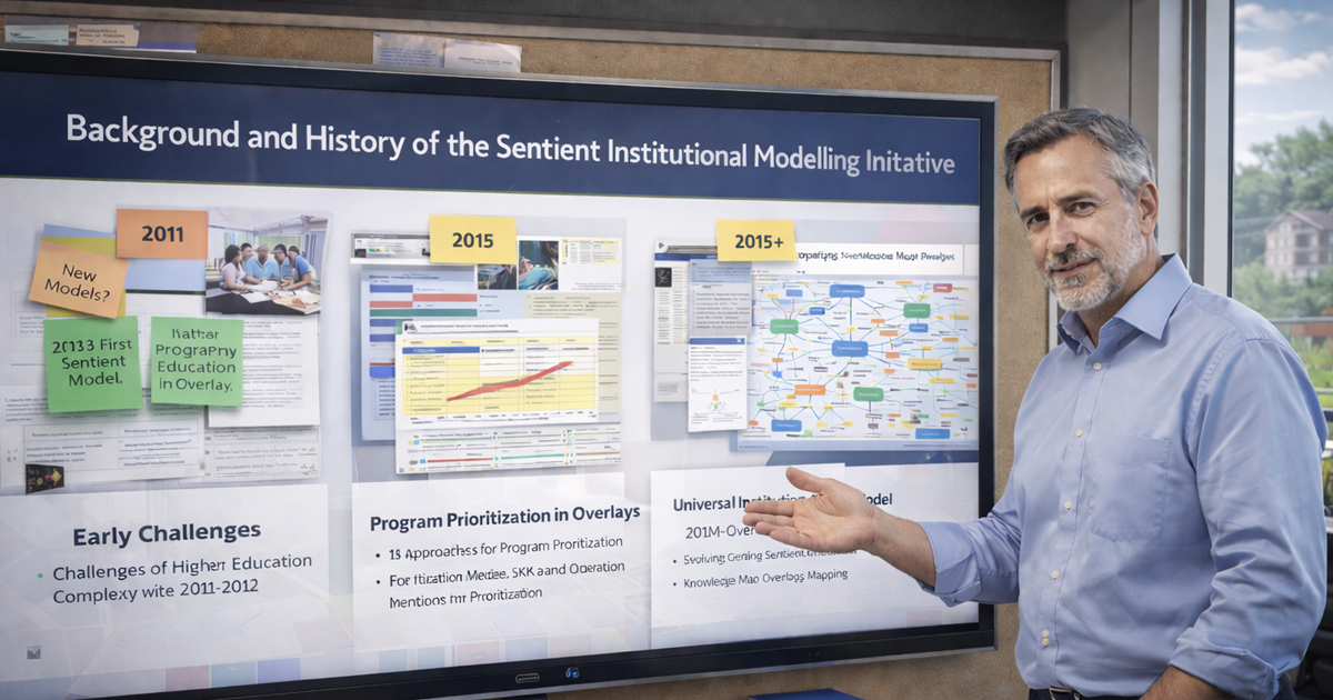 Timeline highlights the evolution of the Sentient Institutional Modelling Initiative from early challenges to later models and knowledge-map development.
