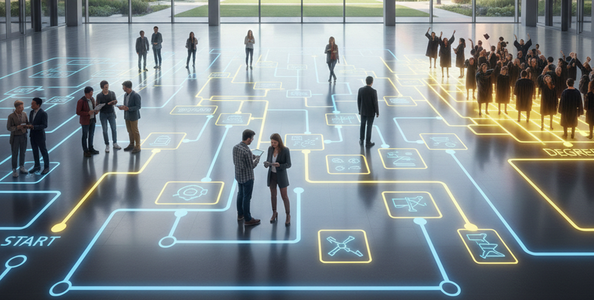 People stand on a glowing curriculum pathway map that leads from “Start” to graduation and a degree outcome.