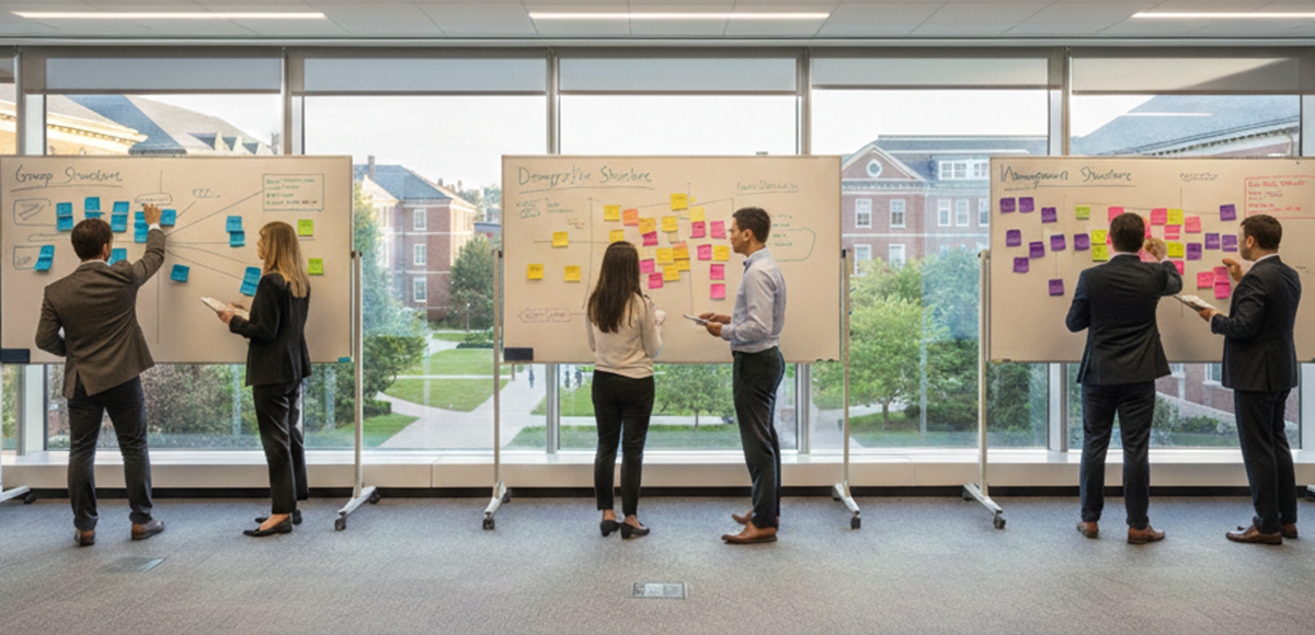 Team members map group and organizational structure using sticky notes on whiteboards in a campus setting.