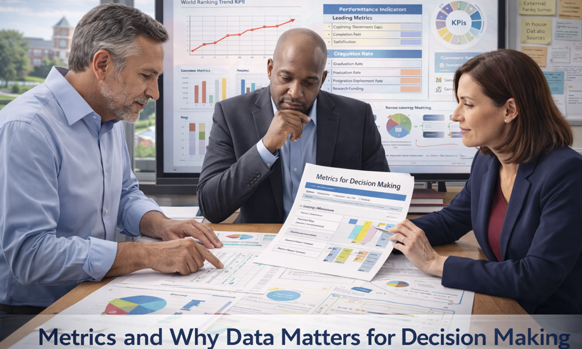 Team discusses a “Metrics for Decision Making” report at a table covered with charts while KPI dashboards and trend graphs appear on monitors in the background.
