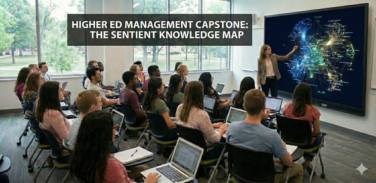 A photorealistic 2:1 widescreen image of a university classroom viewed from the rear. A diverse group of graduate students is seated at desks with laptops, facing toward the front of the room. A female faculty member stands at the front, pointing toward a large, prominent digital touch screen. The screen displays a complex, glowing "Sentient Knowledge Map" made of interconnected blue and gold nodes. Integrated into the top of the slide on the screen is a large, bold title that reads: "HIGHER ED MANAGEMENT CAPSTONE: THE SENTIENT KNOWLEDGE MAP." Large windows in the background look out onto a green campus with mature trees.